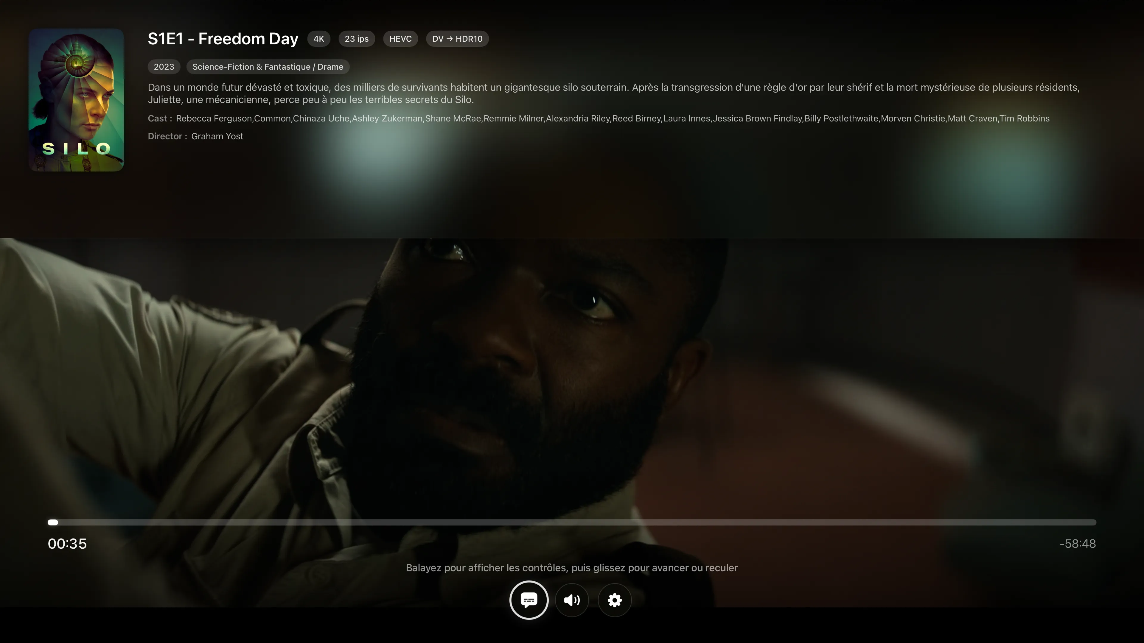 Lecture d'un épisode sur Apple TV, avec les badges 4K, HEVC et Dolby Vision
