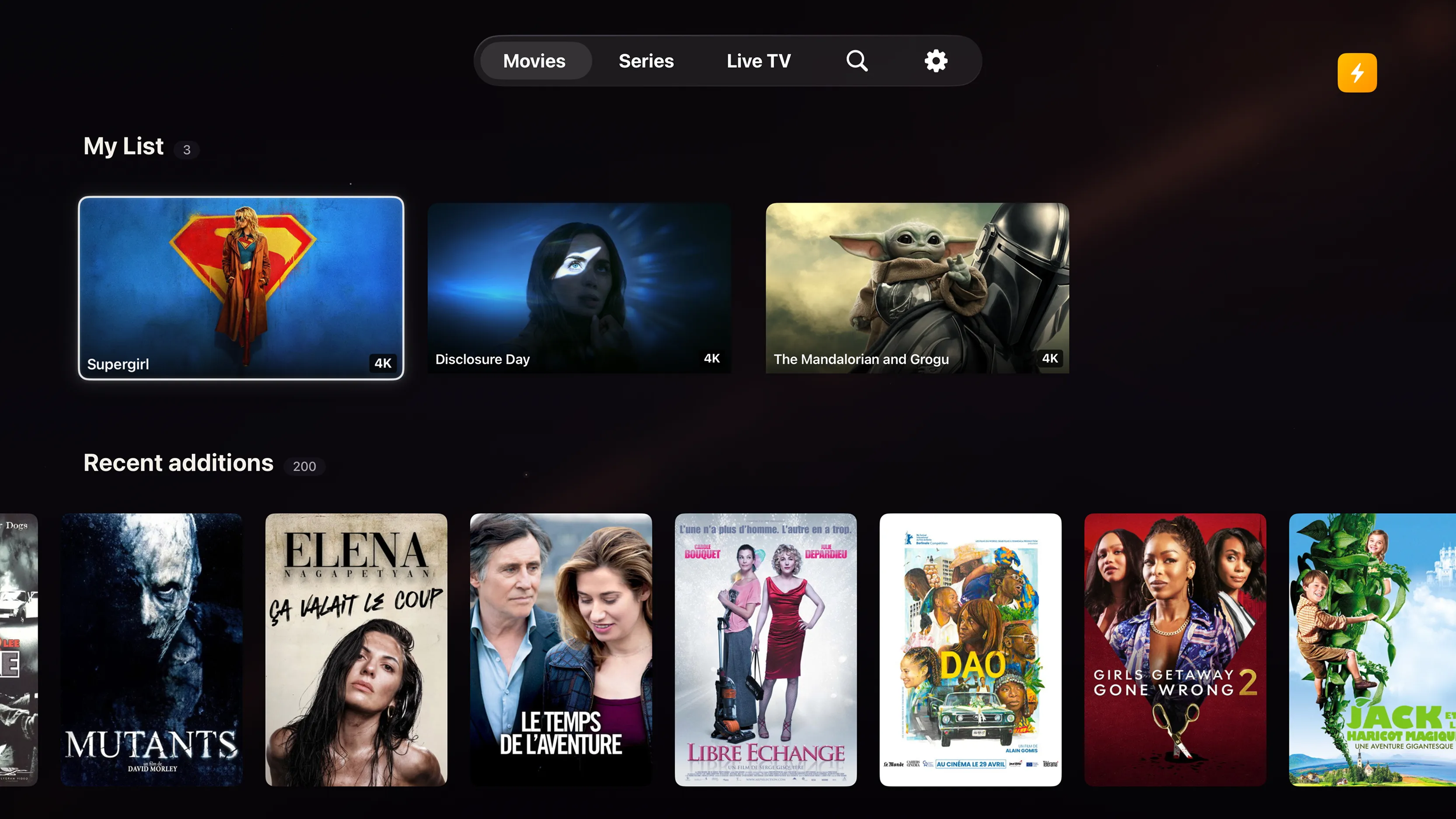 Bibliothèque Supernova sur Apple TV, avec Ma Liste et les ajouts récents